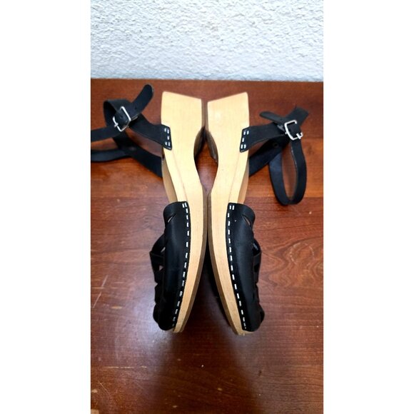 Swedish Hasbeens Women's Black Leather Peep-Toe Sandals Wooden Platform & Ankle - Picture 7 of 13